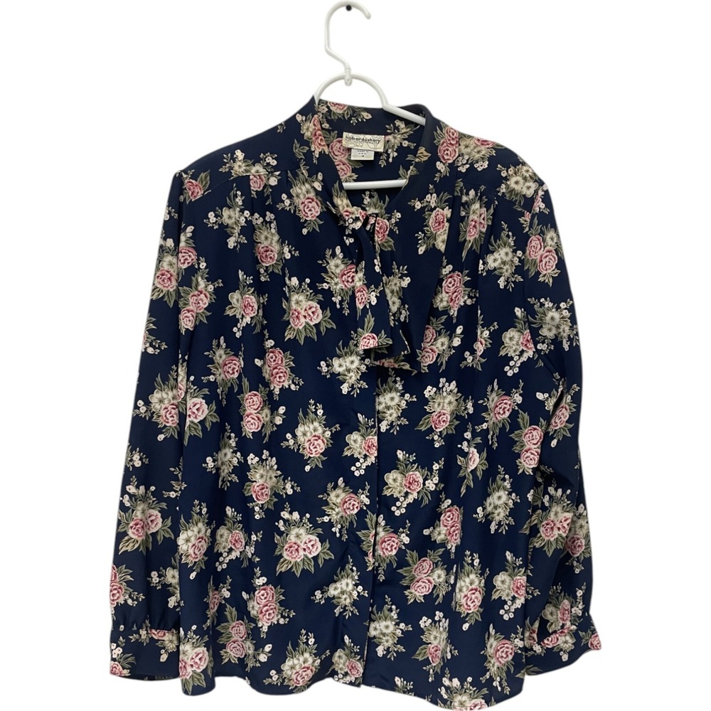 Haberdashery Leslie Fay Button Up Blouse 18 Navy Floral Long Sleeve Vintage CEO